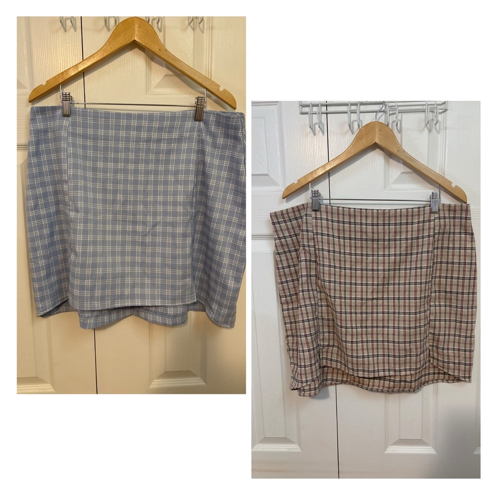 Plaid Mini Skirts - Blue and Beige